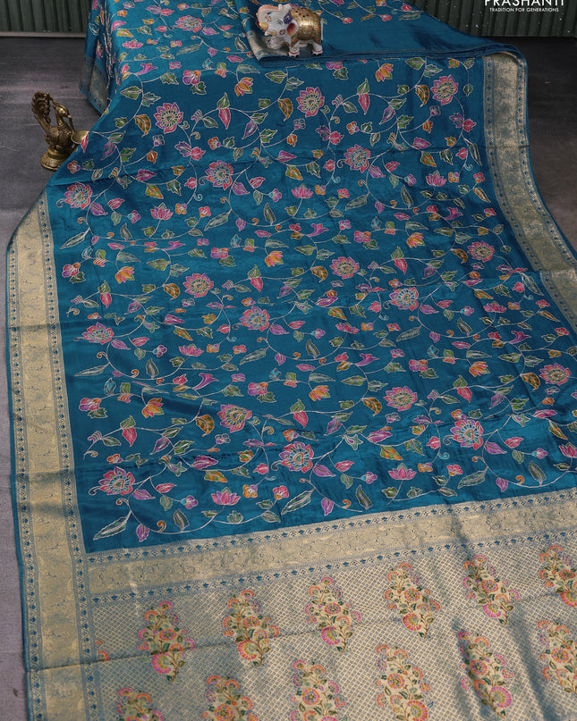 Crepe silk ssaree cs blue with allover mina weaves & pita work and zari woven border
