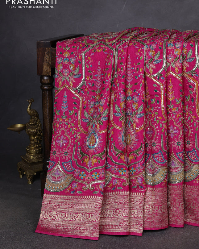 Crepe silk ssaree pink with allover mina weaves & pita work and zari woven border