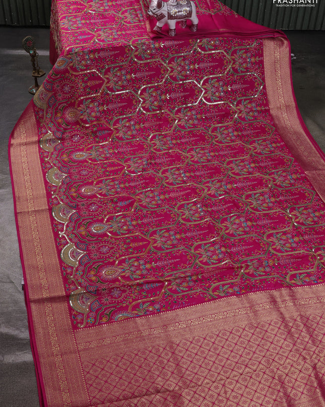 Crepe silk ssaree pink with allover mina weaves & pita work and zari woven border