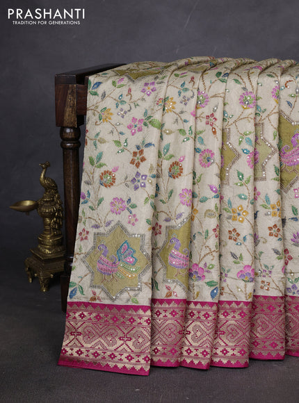 Crepe silk ssaree cream and pink with allover mina weaves & pita work and zari woven border