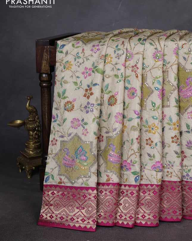 Crepe silk ssaree cream and pink with allover mina weaves & pita work and zari woven border