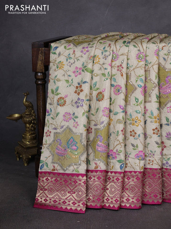 Crepe silk ssaree cream and pink with allover mina weaves & pita work and zari woven border