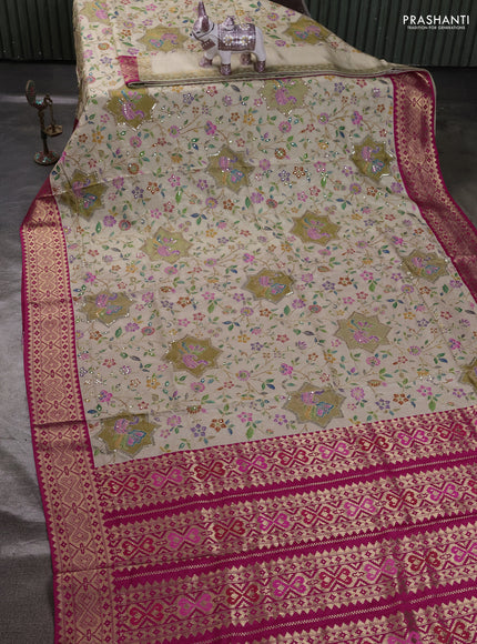 Crepe silk ssaree cream and pink with allover mina weaves & pita work and zari woven border