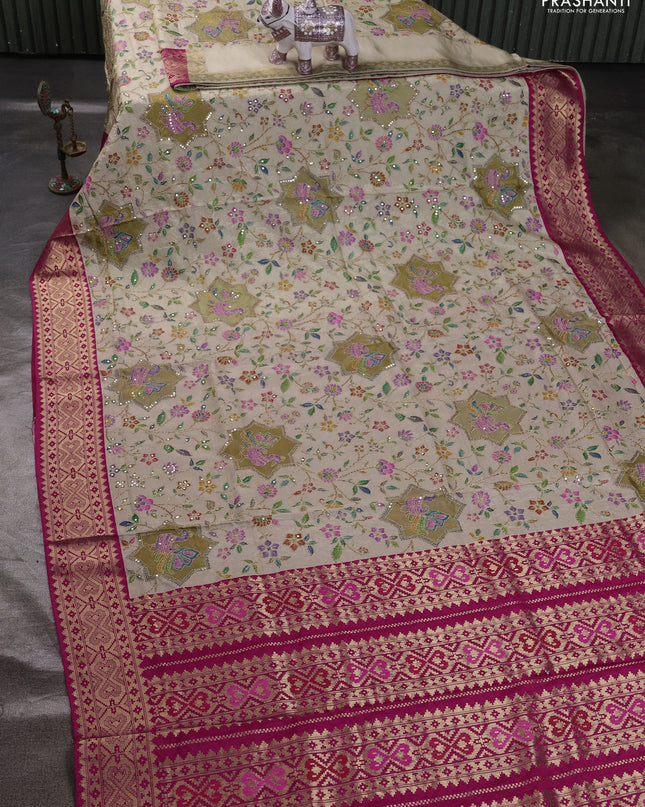 Crepe silk ssaree cream and pink with allover mina weaves & pita work and zari woven border
