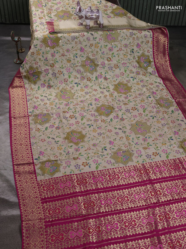 Crepe silk ssaree cream and pink with allover mina weaves & pita work and zari woven border