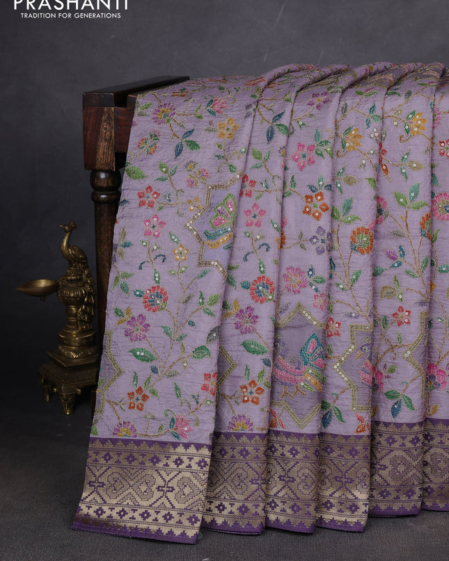 Crepe silk ssaree pastel lavender and violet with allover mina weaves & pita work and zari woven border