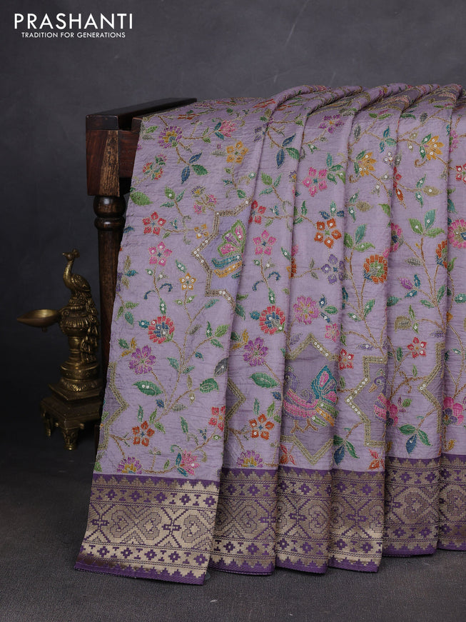 Crepe silk ssaree pastel lavender and violet with allover mina weaves & pita work and zari woven border