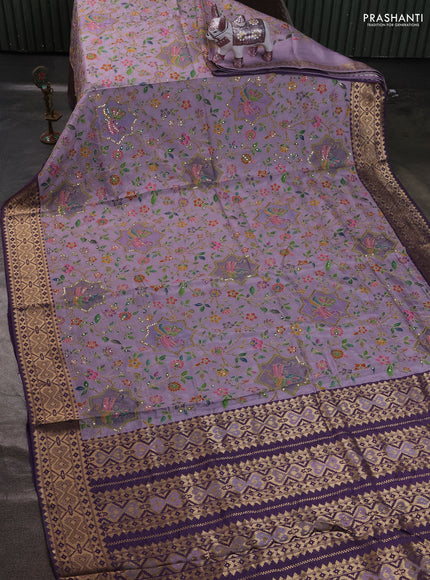 Crepe silk ssaree pastel lavender and violet with allover mina weaves & pita work and zari woven border