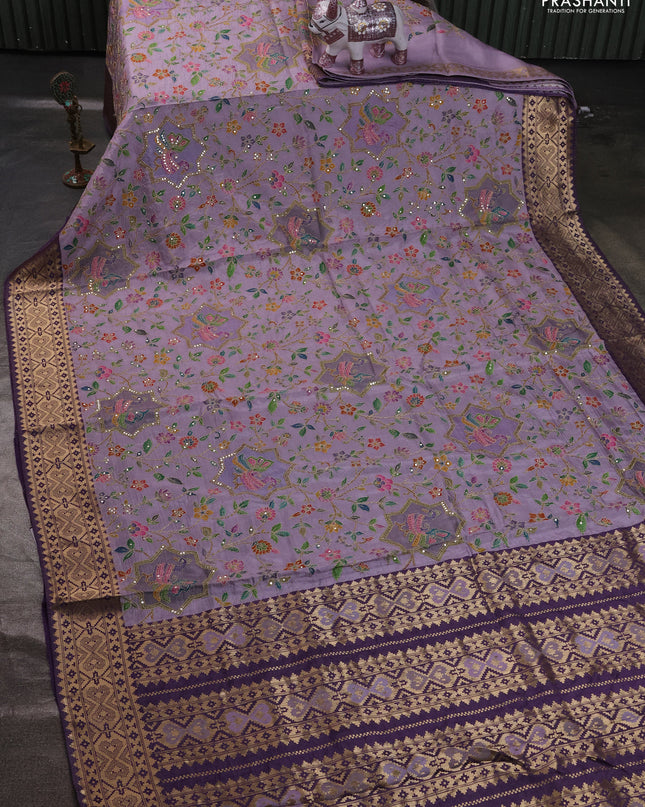 Crepe silk ssaree pastel lavender and violet with allover mina weaves & pita work and zari woven border