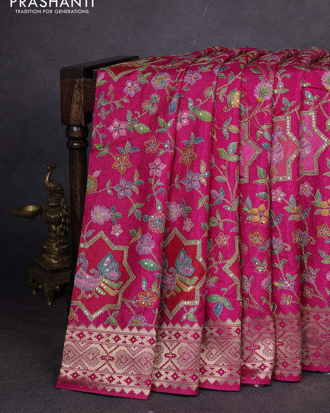 Crepe silk ssaree pink with allover mina weaves & pita work and zari woven border