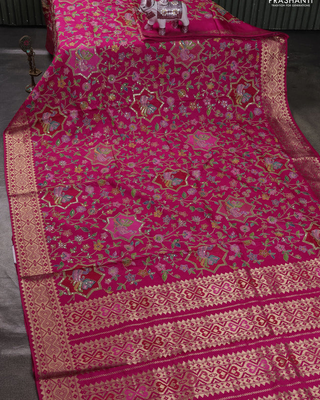 Crepe silk ssaree pink with allover mina weaves & pita work and zari woven border
