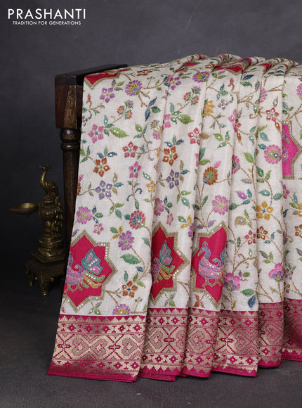 Crepe silk ssaree cream and pink with allover mina weaves & pita work and zari woven border