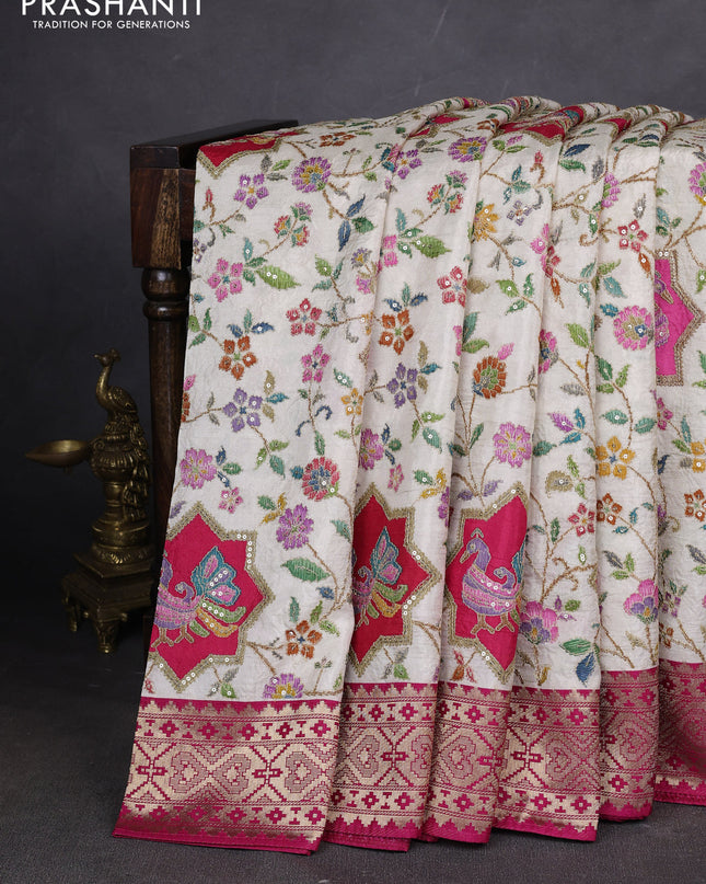 Crepe silk ssaree cream and pink with allover mina weaves & pita work and zari woven border