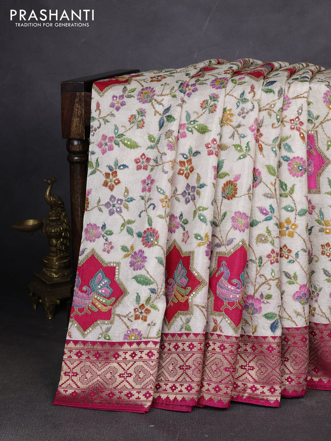 Crepe silk ssaree cream and pink with allover mina weaves & pita work and zari woven border