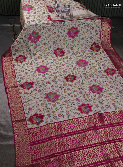 Crepe silk ssaree cream and pink with allover mina weaves & pita work and zari woven border