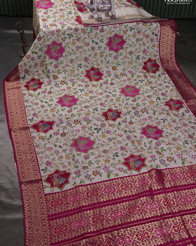 Crepe silk ssaree cream and pink with allover mina weaves & pita work and zari woven border
