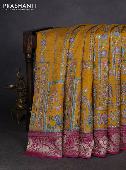 Crepe silk ssaree mustard yellow and pink with allover mina weaves & pita work and zari woven border