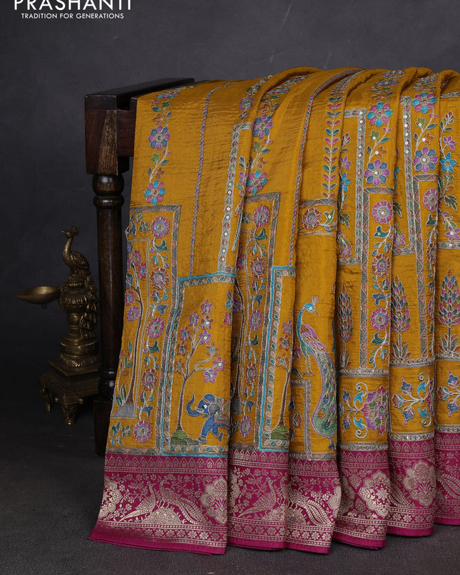 Crepe silk ssaree mustard yellow and pink with allover mina weaves & pita work and zari woven border