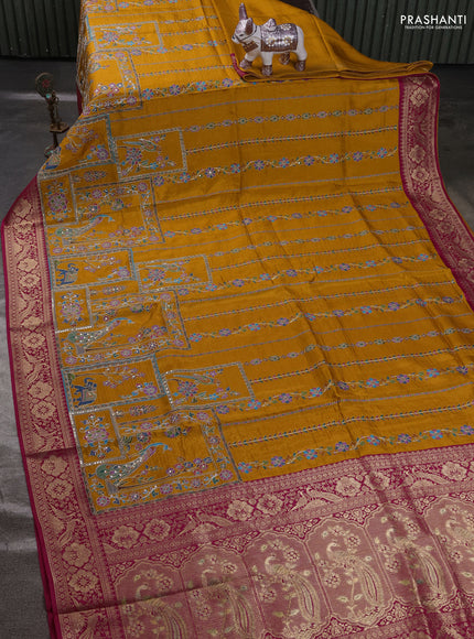 Crepe silk ssaree mustard yellow and pink with allover mina weaves & pita work and zari woven border