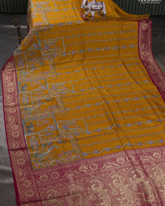 Crepe silk ssaree mustard yellow and pink with allover mina weaves & pita work and zari woven border