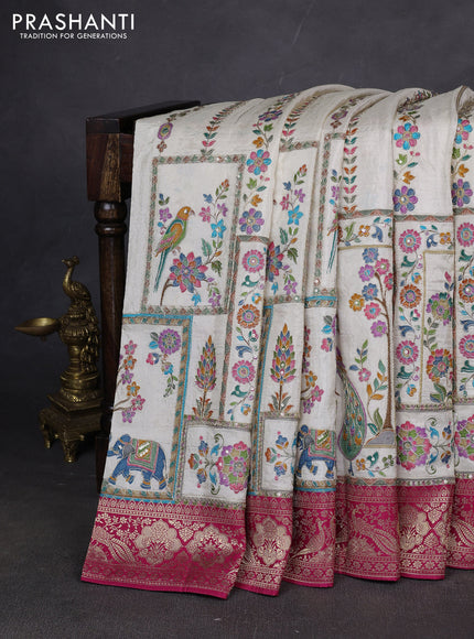 Crepe silk ssaree off white and pink with allover mina weaves & pita work and zari woven border