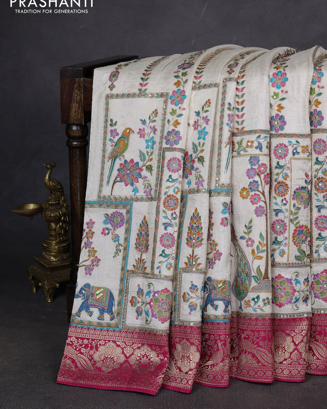 Crepe silk ssaree off white and pink with allover mina weaves & pita work and zari woven border