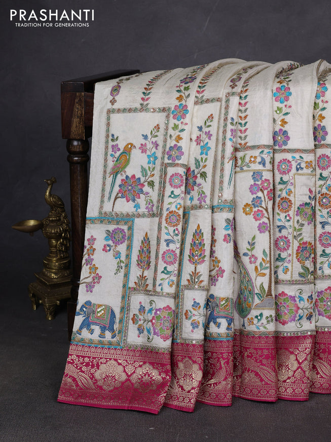 Crepe silk ssaree off white and pink with allover mina weaves & pita work and zari woven border