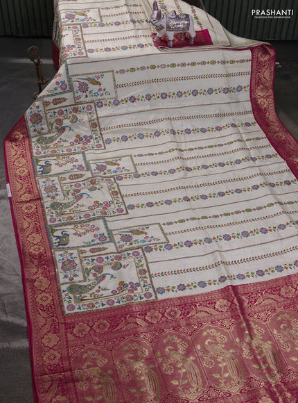Crepe silk ssaree off white and pink with allover mina weaves & pita work and zari woven border