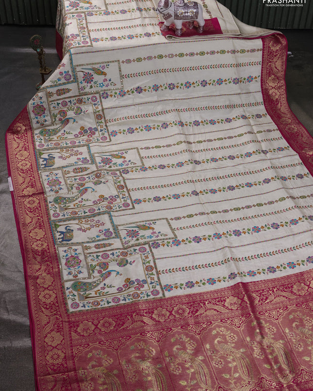 Crepe silk ssaree off white and pink with allover mina weaves & pita work and zari woven border