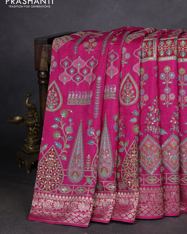 Crepe silk ssaree pink with allover mina weaves & pita work and zari woven border