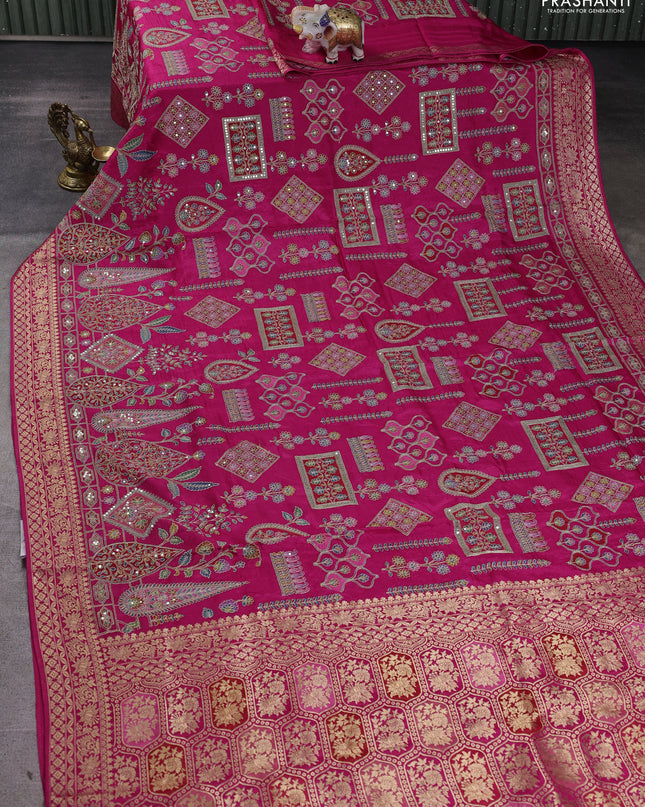Crepe silk ssaree pink with allover mina weaves & pita work and zari woven border