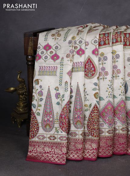 Crepe silk ssaree cream and pink with allover mina weaves & pita work and zari woven border