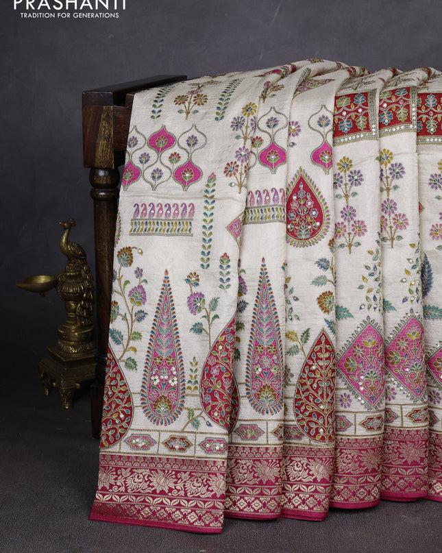 Crepe silk ssaree cream and pink with allover mina weaves & pita work and zari woven border