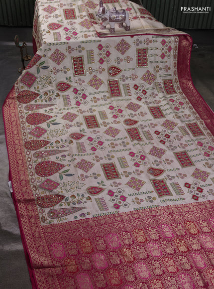 Crepe silk ssaree cream and pink with allover mina weaves & pita work and zari woven border