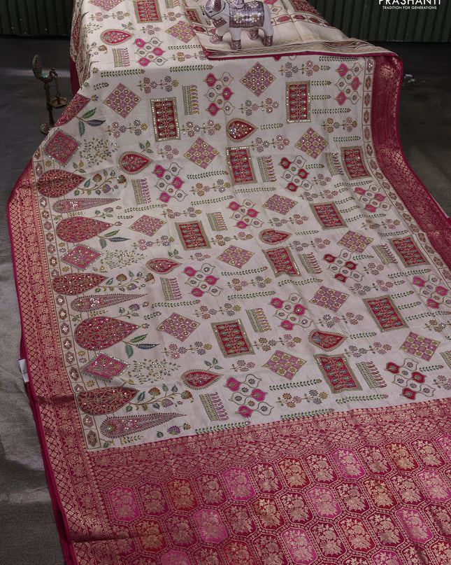 Crepe silk ssaree cream and pink with allover mina weaves & pita work and zari woven border