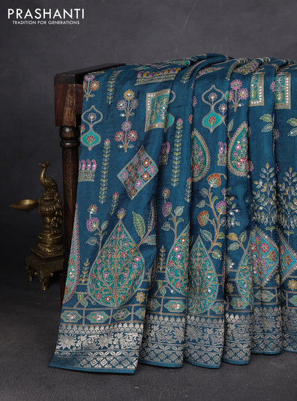 Crepe silk ssaree peacock blue with allover mina weaves & pita work and zari woven border