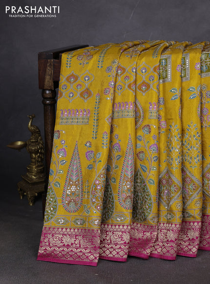 Crepe silk ssaree mustard yellow and pink with allover mina weaves & pita work and zari woven border