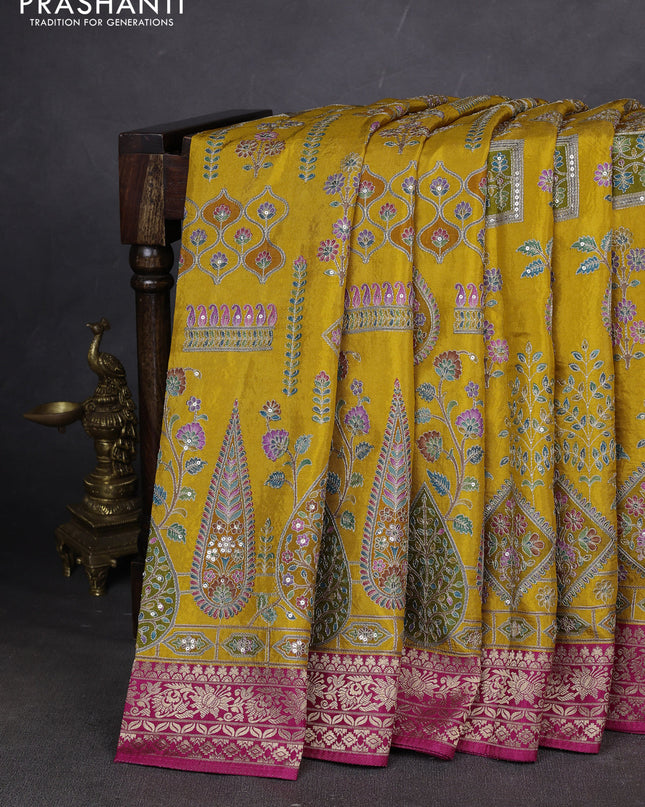 Crepe silk ssaree mustard yellow and pink with allover mina weaves & pita work and zari woven border