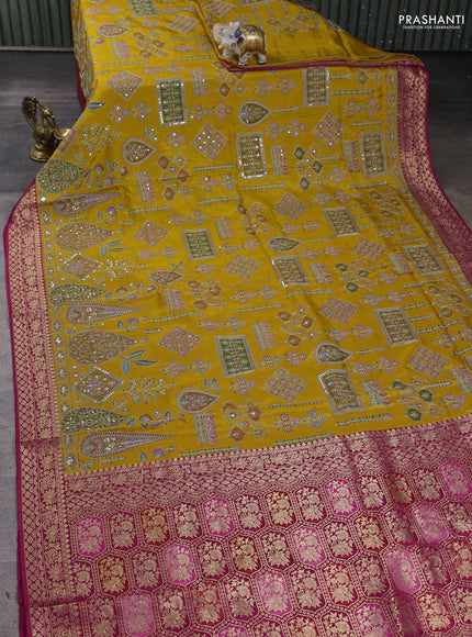 Crepe silk ssaree mustard yellow and pink with allover mina weaves & pita work and zari woven border