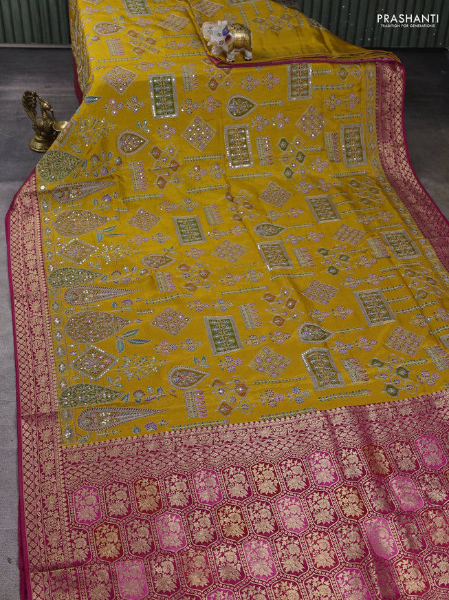 Crepe silk ssaree mustard yellow and pink with allover mina weaves & pita work and zari woven border