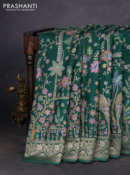 Crepe silk ssaree green with allover mina weaves & pita work and zari woven border
