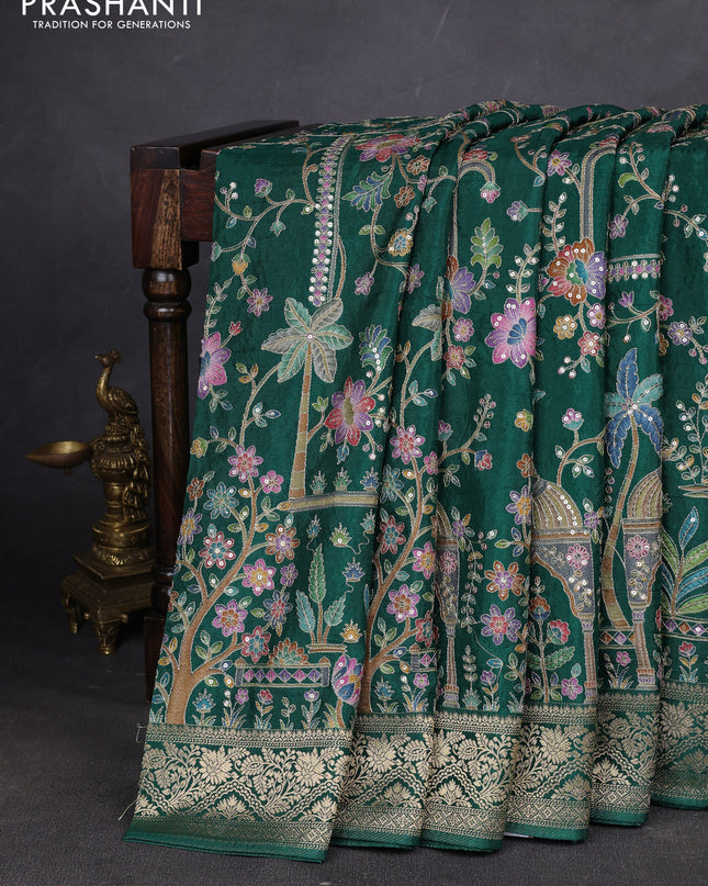 Crepe silk ssaree green with allover mina weaves & pita work and zari woven border