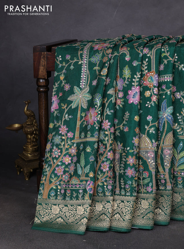 Crepe silk ssaree green with allover mina weaves & pita work and zari woven border