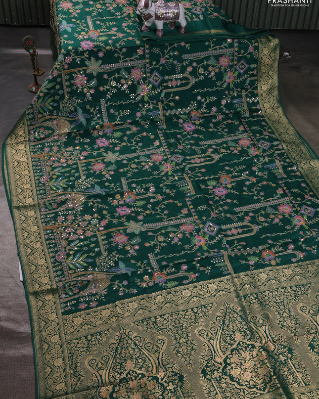 Crepe silk ssaree green with allover mina weaves & pita work and zari woven border