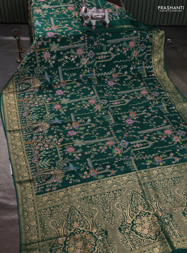 Crepe silk ssaree green with allover mina weaves & pita work and zari woven border