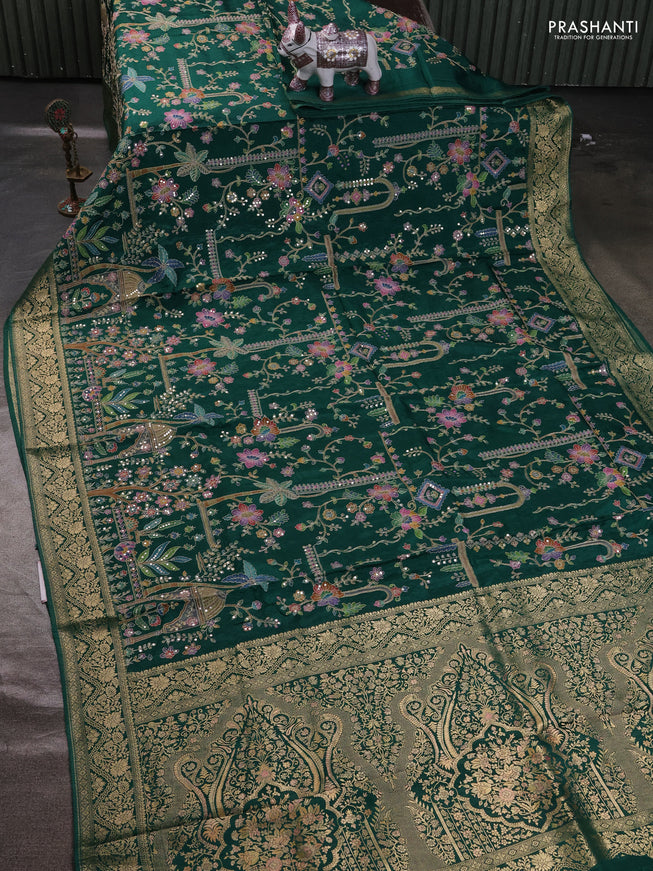 Crepe silk ssaree green with allover mina weaves & pita work and zari woven border