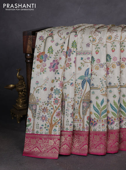 Crepe silk ssaree cream and pink with allover mina weaves & pita work and zari woven border