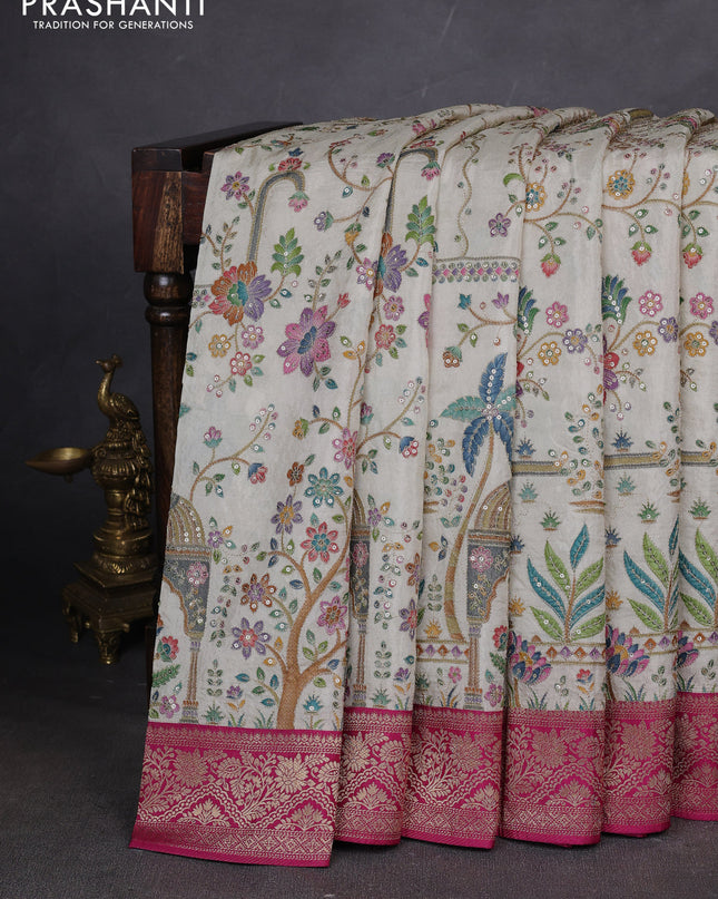 Crepe silk ssaree cream and pink with allover mina weaves & pita work and zari woven border