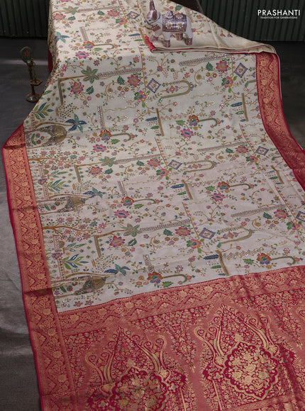Crepe silk ssaree cream and pink with allover mina weaves & pita work and zari woven border