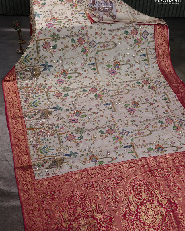 Crepe silk ssaree cream and pink with allover mina weaves & pita work and zari woven border